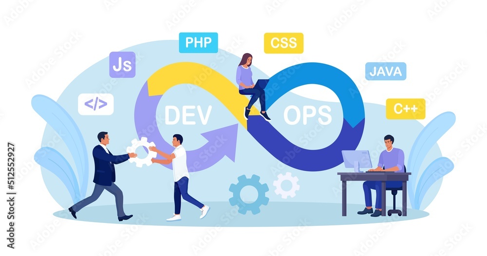 DevOps concept. Programmers practice of development and software operations. Developer working on operations process, technical support, programming code. Programmer using devOps method