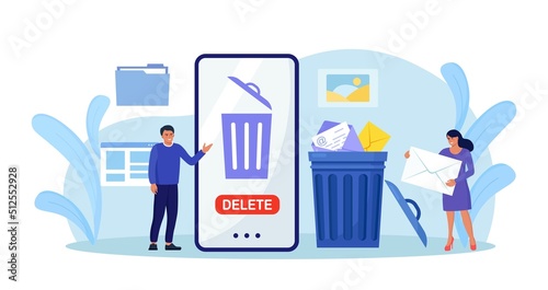 People cleaning mobile phone from trash files. Man and woman deleting documents with software. User removing folder with document, mail, spam to waste bin, cleansing cache photo