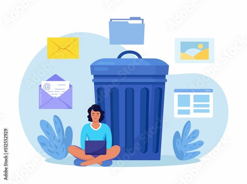 Woman cleaning data files. User removing files or documents to waste bin. Delete file in trash can, removing process, email, folder. Cleaning digital memory