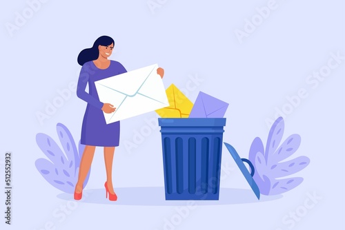 Tiny woman deleting data and move unnecessary files to trash bin. Cleaning digital memory, cleaning e-mail, remove spam. Girl holding envelope with letter or message. User deleting email to waste bin