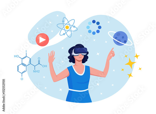 Cyberspace. Metaverse Digital Virtual Reality Technology. Innovation Interactive Education at Home. Woman in VR Glasses and Headset Learning and Touching Elements of Simulation. Cyber Technology