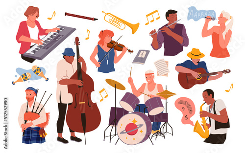 Professional orchestra, musical leisure hobby time, singers and band concert performance, drummer and guitarist vector illustration. Wide set of musicians playing on various instruments