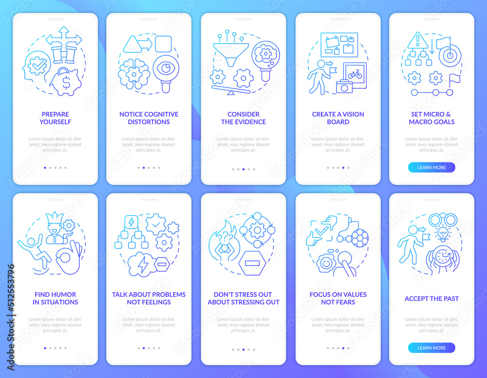 Adaptability blue gradient onboarding mobile app screen set. Accepting change walkthrough 5 steps graphic instructions with linear concepts. UI, UX, GUI template. Myriad Pro-Bold, Regular fonts used