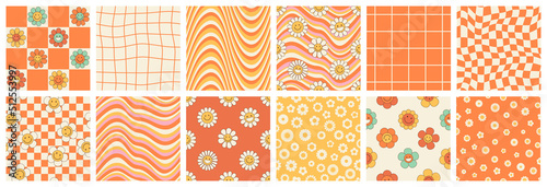 Tableau sur toile Groovy seamless patterns with funny happy daisy, wave, chess, mesh, rainbow