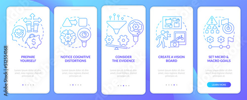 Adaptability tips blue gradient onboarding mobile app screen. Embrace changes walkthrough 5 steps graphic instructions with linear concepts. UI, UX, GUI template. Myriad Pro-Bold, Regular fonts used