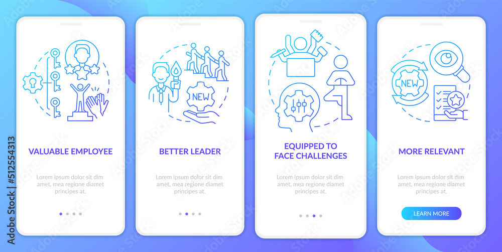 Benefits of workplace adaptability blue gradient onboarding mobile app screen. Walkthrough 4 steps graphic instructions with linear concepts. UI, UX, GUI template. Myriad Pro-Bold, Regular fonts used