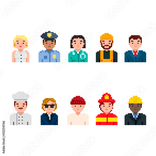 Pixel art characters avatar set. Professions pixel art people isolated design. Policeman, Doctor, Businessman, Chef, Firefighter, Builder and other. 8 bit art.