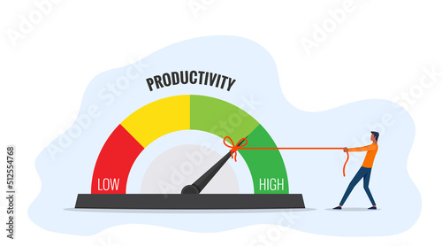 Productivity measurement concept. Businessman pulling a rope to high pointing symbol