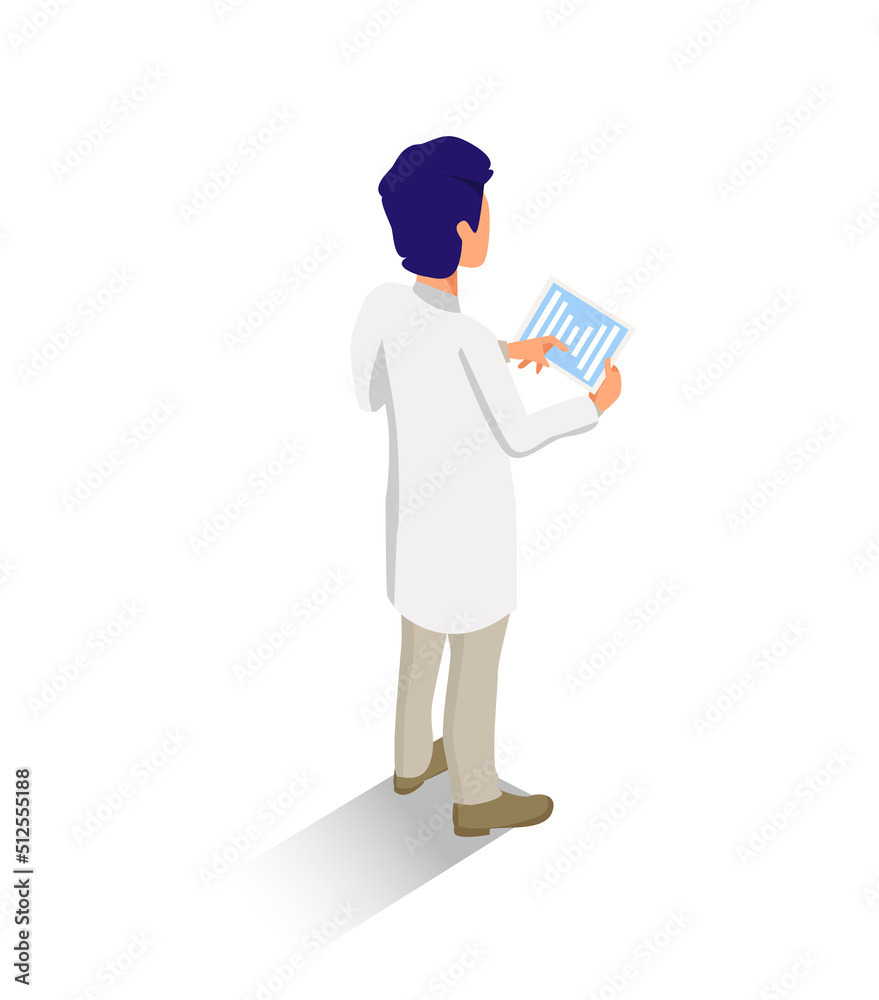 Isometric character of man in a doctor's clothes, holding a medical card. Isolated on white.
