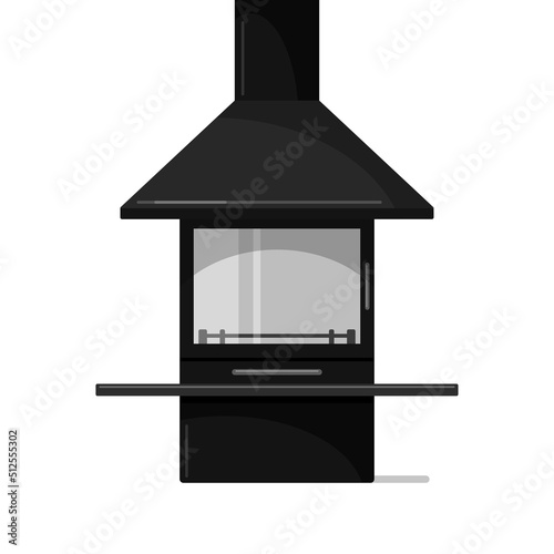 Wood burning black fireplace without flame and firewood, freestanding modern multi fuel heater with shelf, chimney, glass window. Urban design. Vector flat illustration isolated on white background