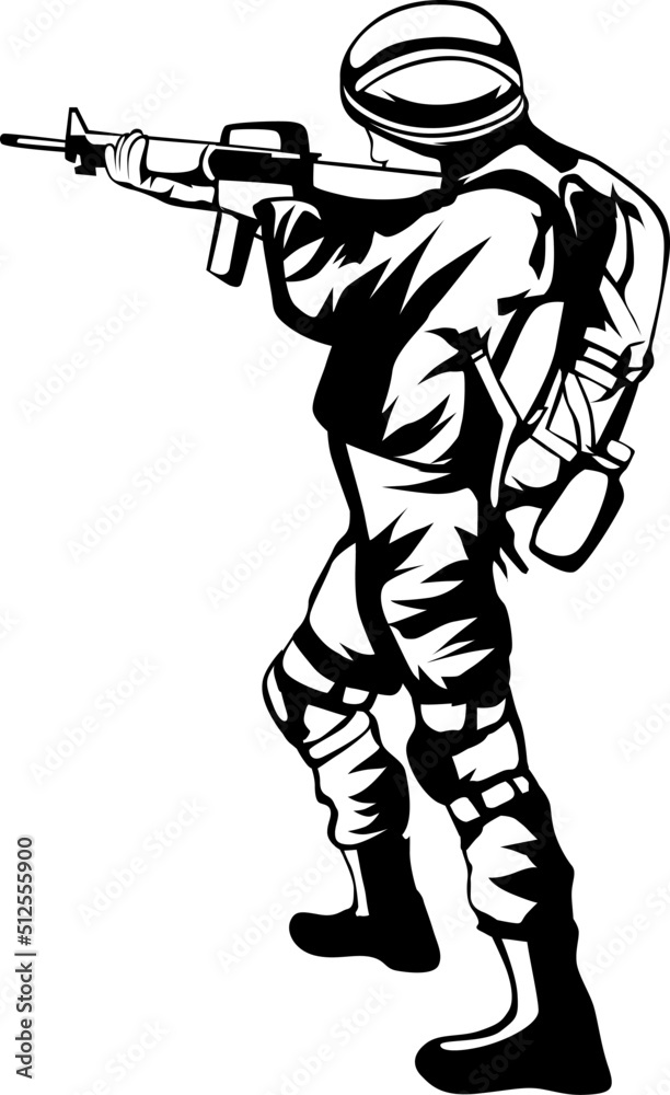 a vector silhouette illustration of a soldier shooting. a vector silhouette illustration of a soldier shooting.