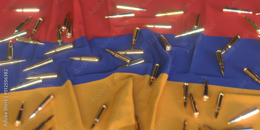 Flag of Armenia and bullets. Weapons or ammo market and laws related conceptual 3D rendering Flag of Armenia and bullets. Weapons or ammo market and laws related conceptual 3D rendering