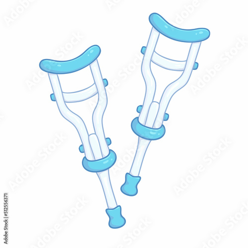 Vector illustration of medical two pair crutches isolated on white background. Cartoon cute design with colorful outline. Children style medicine equipment of orthopedic therapy broken legs.  