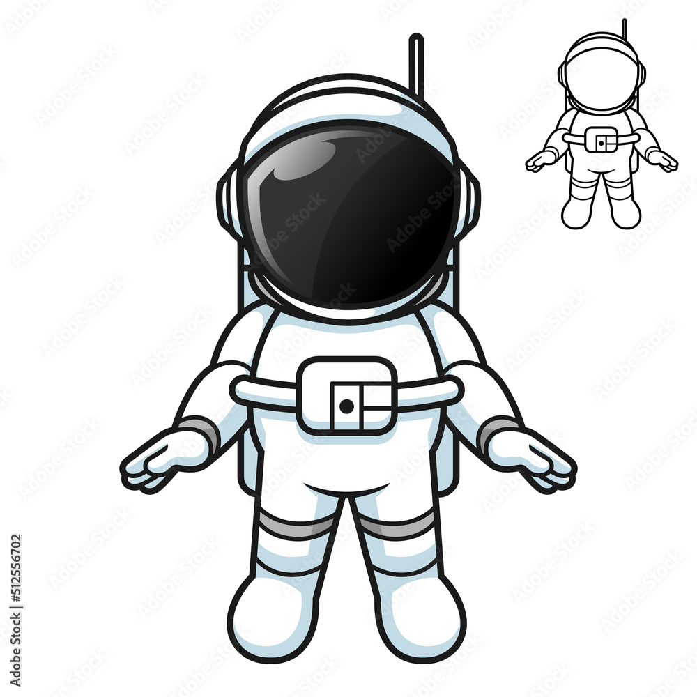 Cute Astronaut Standing Floating in Space with Black and White Line Art Drawing Cute Astronaut Standing Floating in Space with Black and White Line Art Drawing