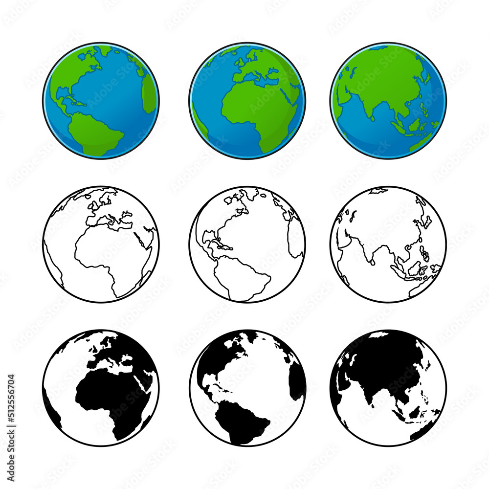 Earth Globe World with Silhouette and Black and White Line Art Drawing Earth Globe World with Silhouette and Black and White Line Art Drawing