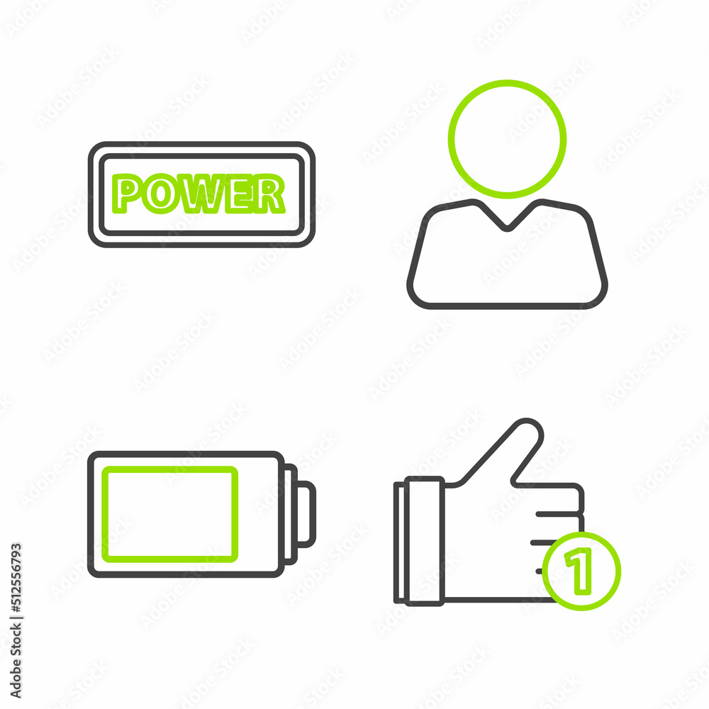 Set line Hand like, Battery charge level indicator, Add friend and Power button icon. Vector Set line Hand like, Battery charge level indicator, Add friend and Power button icon. Vector