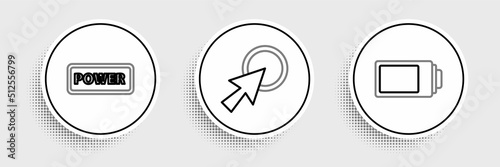 Set line Battery charge level indicator, Power button and Arrow cursor icon. Vector © Oksana