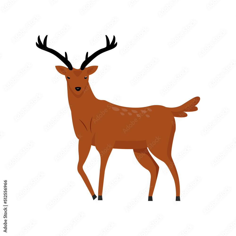 Brown deer with two horns semi flat color vector character. Full sized