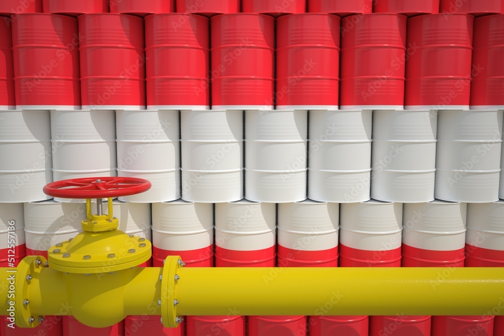Many barrels with petrochemicals with flag of Austria and gas pipe. 3d rendering Many barrels with petrochemicals with flag of Austria and gas pipe. 3d rendering