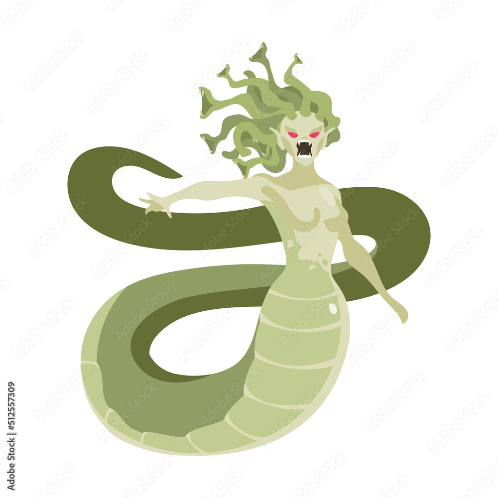 Snake-haired monstrous creature semi flat color vector character. Greek ...