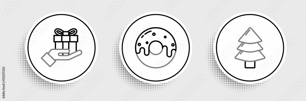 Set line Christmas tree, Gift box in hand and Donut with sweet glaze icon. Vector Set line Christmas tree, Gift box in hand and Donut with sweet glaze icon. Vector