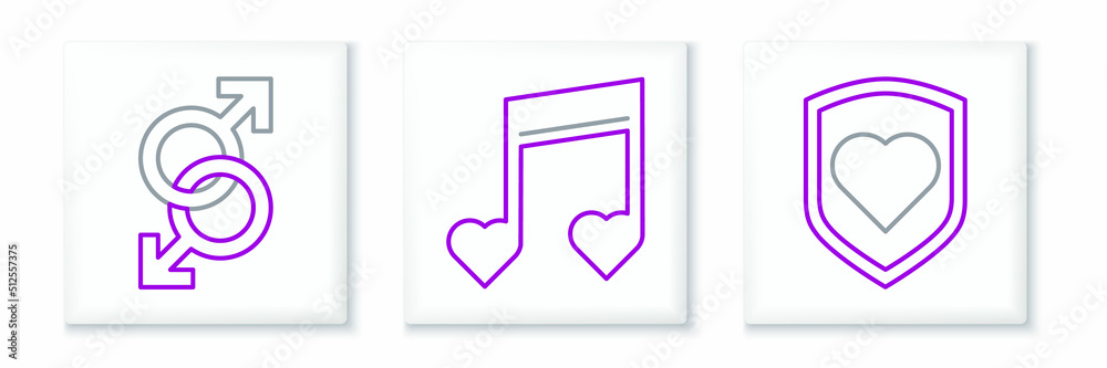 Set line Heart with shield, Male gender symbol and Music note, tone hearts icon. Vector