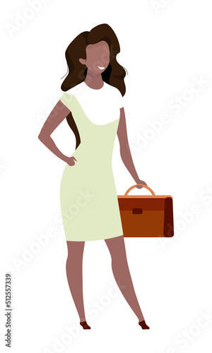 Smiling confident woman with briefcase semi flat color vector character. Standing figure. Full body person on white. Simple cartoon style illustration for web graphic design and animation