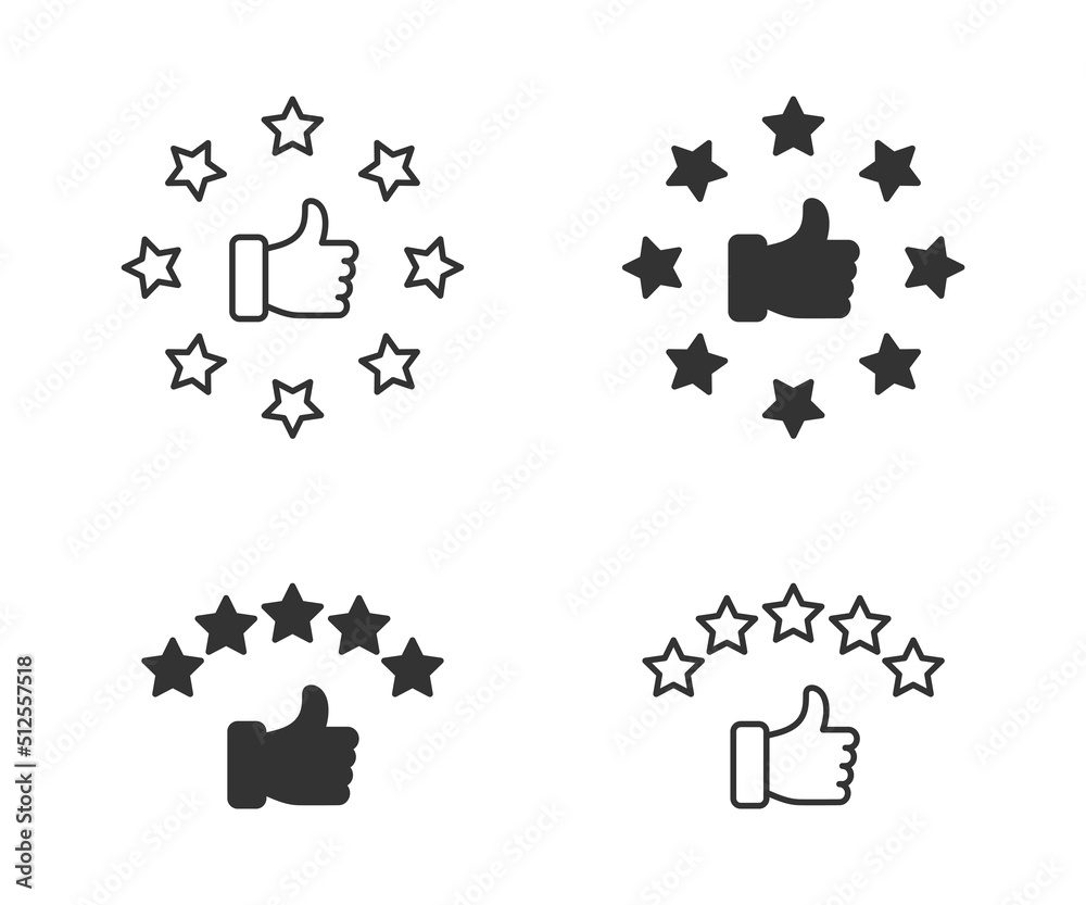 Hand with thumb up and stars rating icon. Customer review rating with stars and thumb-up. Vector illustration. Hand with thumb up and stars rating icon. Customer review rating with stars and thumb-up. Vector illustration.