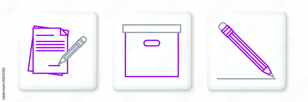 Set line Pencil with eraser and line, Blank notebook pencil and Carton cardboard box icon. Vector Set line Pencil with eraser and line, Blank notebook pencil and Carton cardboard box icon. Vector