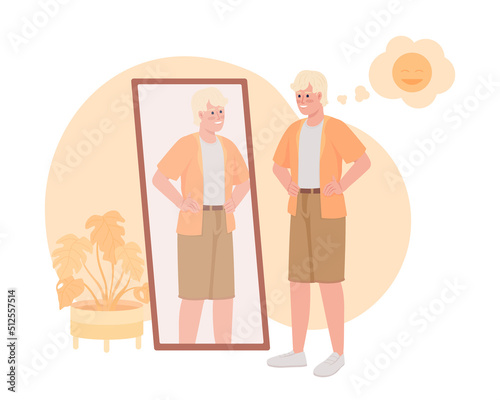 Handsome man looking in mirror 2D vector isolated illustration. Self accepting flat character on cartoon background. Self love colourful editable scene for mobile, website, presentation