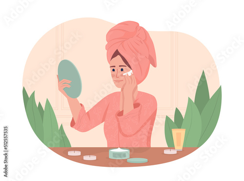 Young woman applying facial cream 2D vector isolated illustration. Lady at home spa flat character on cartoon background. Self care colourful editable scene for mobile, website, presentation
