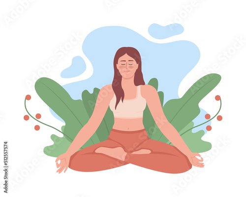 Tranquil woman meditating outdoor 2D vector isolated illustration. Spiritual flat character on cartoon background. Life balance colourful editable scene for mobile, website, presentation