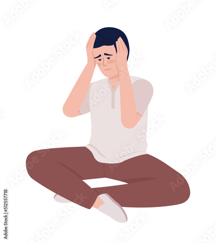 Sad man holding head semi flat color vector character. Editable figure. Full body person on white. Life obstacles simple cartoon style illustration for web graphic design and animation