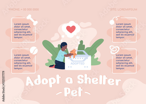 Adopt shelter pets flat vector banner template. Volunteer organization poster, leaflet printable color designs. Editable flyer page with text space. Comfortaa, Nerko One Regular, Quicksand fonts used