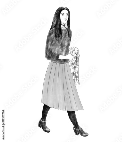 街を歩く女性、モノトーンファッション、ロングヘアーの女性、黒髪の女性、鉛筆画のイラスト,
白黒のベクターイラスト、モノクロのイラスト、モノトーンの絵、シンプルな絵
