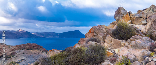 Rocky Coastline and Cliffs, Los Escullos, Cabo de Gata-Níjar Natural Park, UNESCO Biosphere Reserve, Hot Desert Climate Region, Almería, Andalucía, Spain, Europe