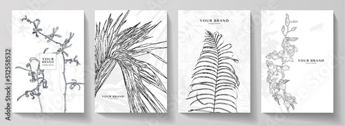 Floral cover design set with black line pattern (orchid flower and palm leaf on white background). Minimal vector background pattern for tropical menu, elite summer sale, invitation template