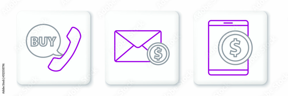 Set line Tablet with dollar, Phone and speech bubble Buy and Envelope coin icon. Vector Set line Tablet with dollar, Phone and speech bubble Buy and Envelope coin icon. Vector