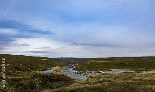 Icelandic landscape with moss growing between volcanic rocks around ponds and small lakes