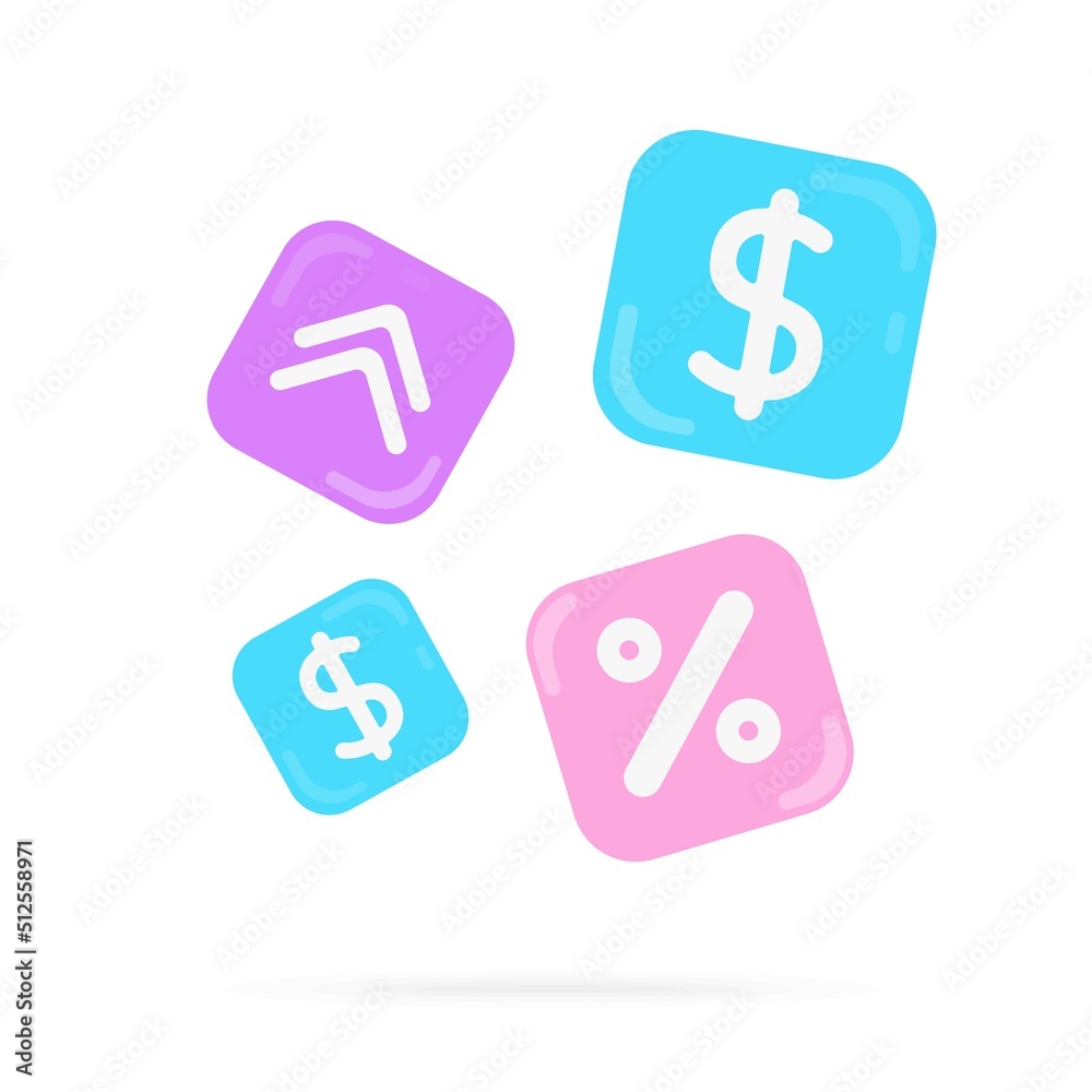 Colored bubbles with dollar, percent, arrow up icons Colored bubbles with dollar, percent, arrow up icons