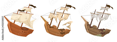 Print op canvas Old and new wooden pirate ships vector illustrations set