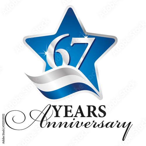 67 years anniversary isolated blue star silver white blue flag ribbon logo icon