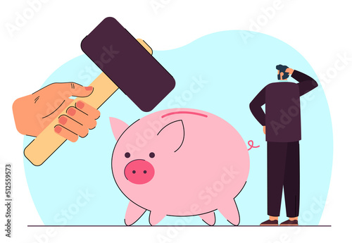 Hand holding hammer to break piggy bank. Tiny poor man thinking about money savings and debt flat vector illustration. Bankruptcy, crisis concept for banner, website design or landing web page