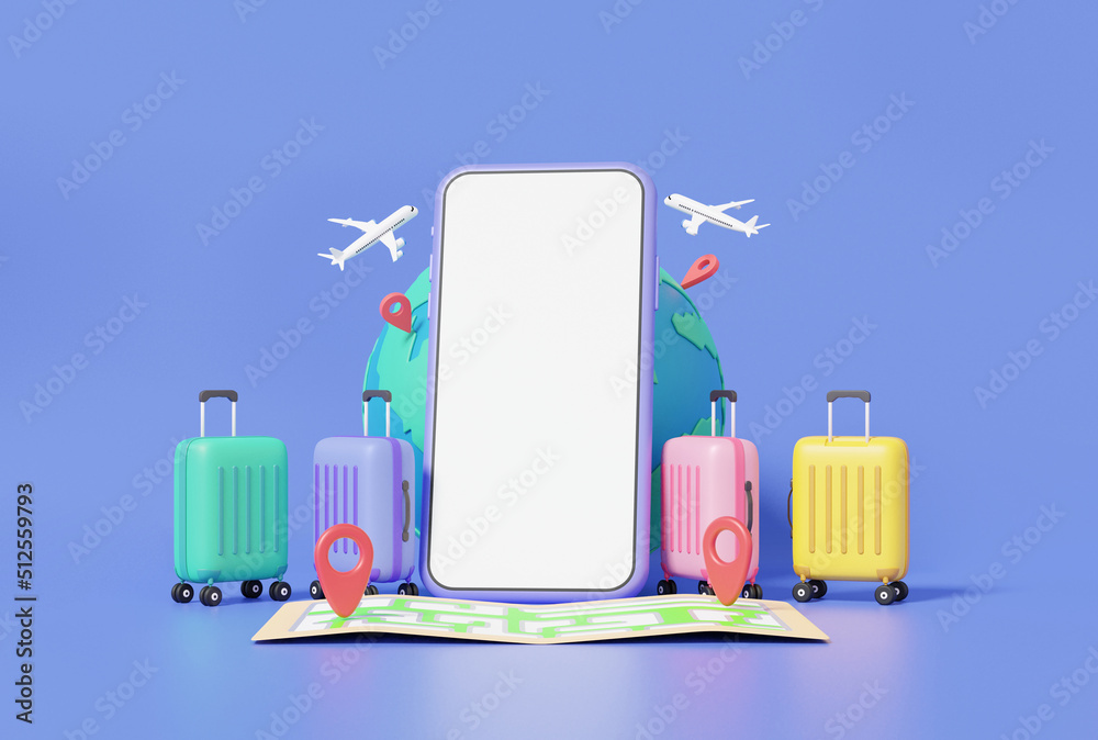 Tourism plane trip planning world tour with mark map pin location suitcase,  Minimal cartoon. travel online booking service on mobile phone. leisure  touring holiday summer concept. 3d rendering Stock Illustration | Adobe