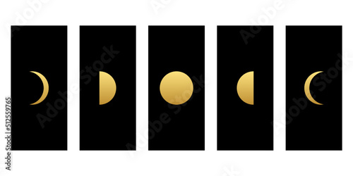 Yellow golden moon different phases of lunar phases on black square boho flat vector icon design.