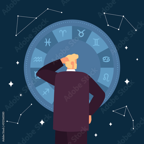 Man in doubt looking at circle with twelve zodiac signs. Person studying mystic horoscope by date of birth flat vector illustration. Astrology concept for banner, website design or landing web page photo