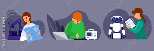 Set of illustrations of inventors, robotics, innovative technologies. Characters scientists, develop blueprints, create details, work on the creation of artificial intelligence and robots