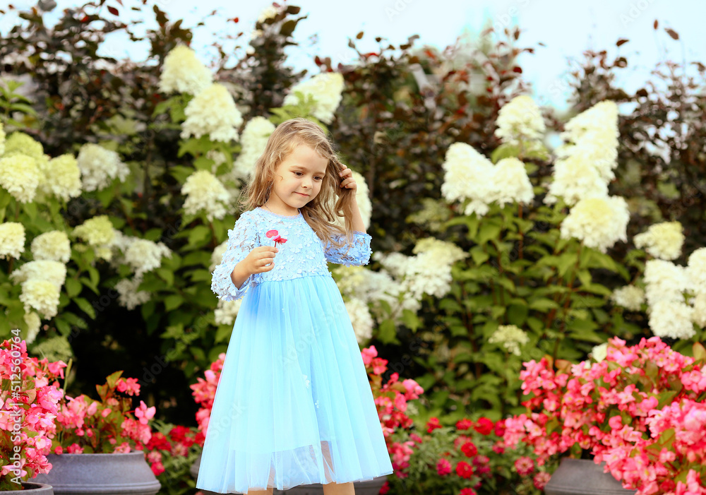 Cute Caucasian girl in a blue dress walking in the park in nature. Happiness. Childhood. Summer concept. Cute Caucasian girl in a blue dress walking in the park in nature. Happiness. Childhood. Summer concept.