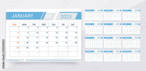 2023 calendar. Planner, calender template. Week starts Sunday. Yearly organizer. Table schedule grid with 12 month. Corporate monthly diary layout. Horizontal simple design. Vector illustration. photo