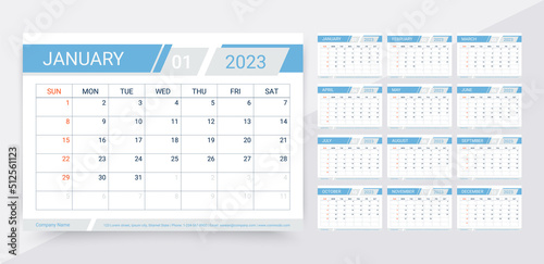 2023 calendar. Planner, calender template. Week starts Sunday. Yearly organizer. Table schedule grid with 12 month. Corporate monthly diary layout. Horizontal simple design. Vector illustration.